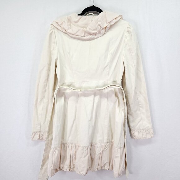 Blanc Noir Belted Coat Size Medium Puff Ruffle Trim Ivory Snap Button Midi - Picture 2 of 15